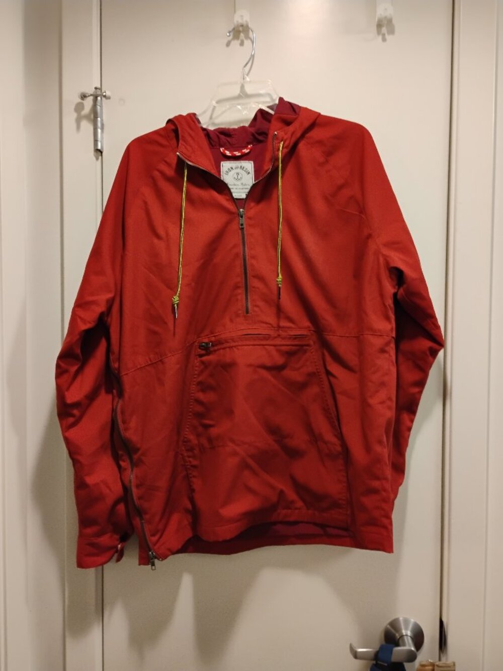 Iron & Resin Mens Medium Anorak Hooded 1/2 Zip Jacket Rust Red 100% Waxed Cotton
